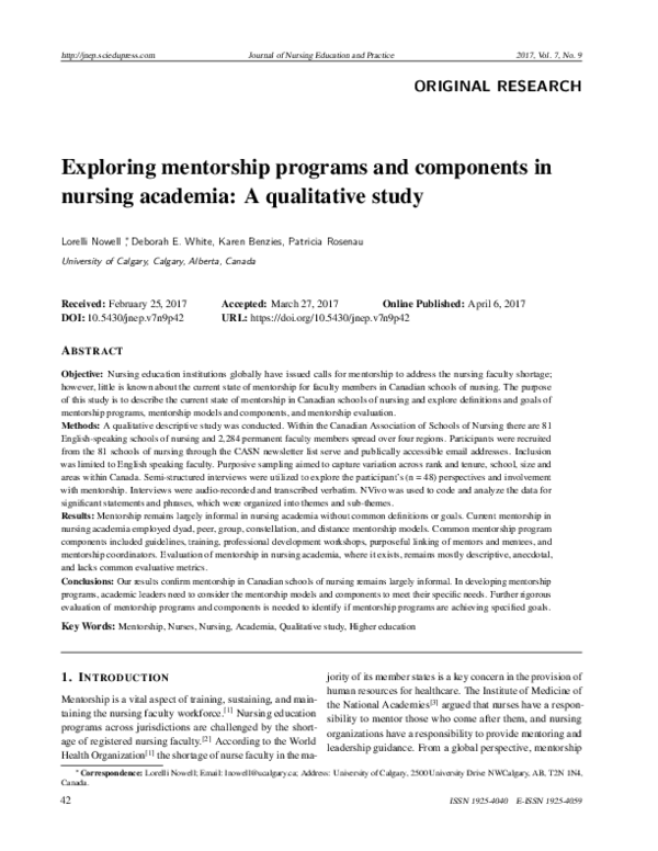 (PDF) Exploring mentorship programs and components in nursing academia ...