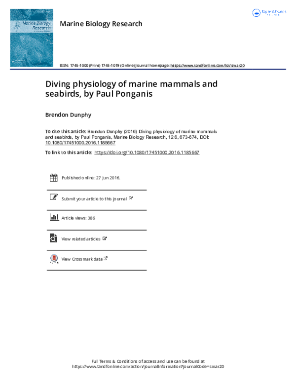(PDF) Diving physiology of marine mammals and seabirds, by Paul Ponganis