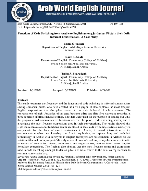 (PDF) Functions of Code Switching from Arabic to English among ...