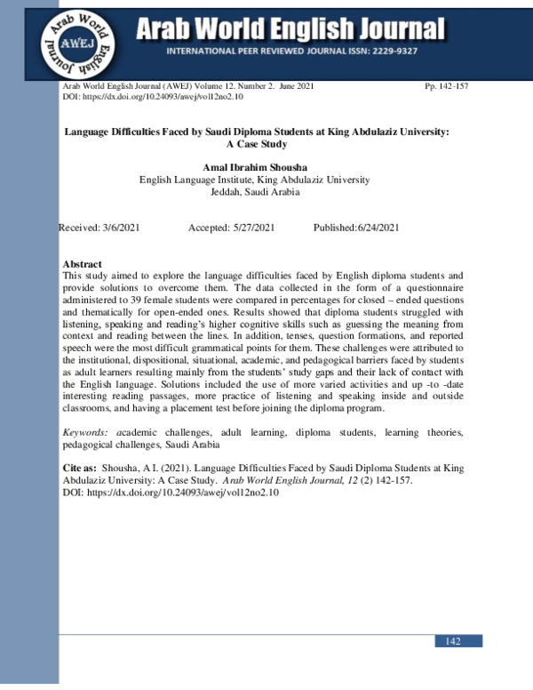 (PDF) Language Difficulties Faced by Saudi Diploma Students at King ...