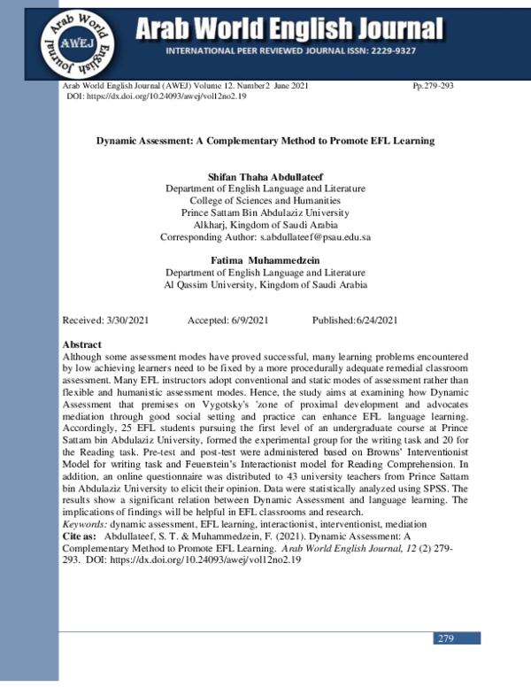 (PDF) Dynamic Assessment: A Complementary Method to Promote EFL Learning