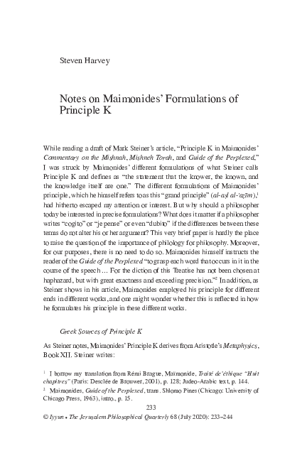 (PDF) Steven Harvey, “Notes on Maimonides’ Formulations of Principle K ...