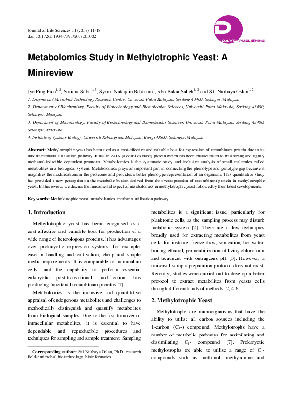 (PDF) Metabolomics Study in Methylotrophic Yeast A Minireview Siti