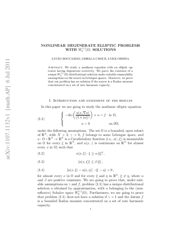(PDF) A nonlinear degenerate elliptic problem with W^{1,1}_0 solutions