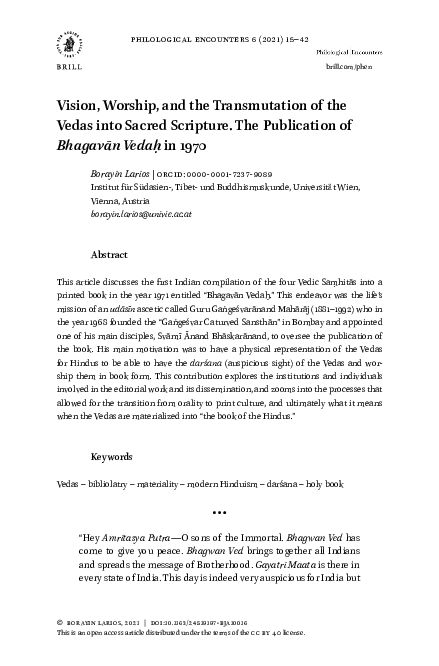 First page of “Vision, Worship, and the Transmutation of the Vedas into Sacred Scripture. The Publication of Bhagavān Vedaḥ in 1970”