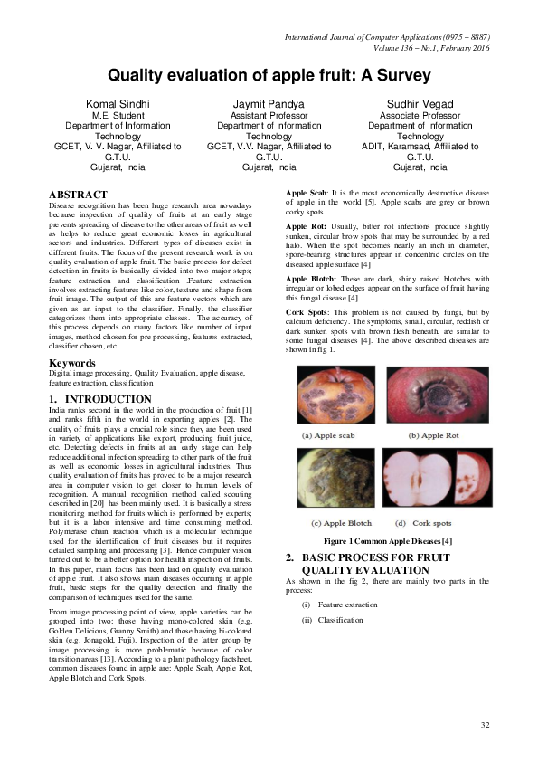 (PDF) Quality evaluation of apple fruit: A Survey