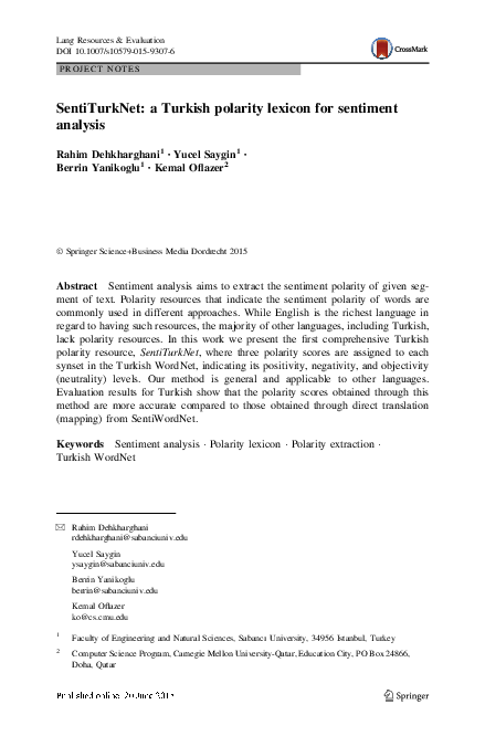 (PDF) SentiTurkNet: A Turkish polarity lexicon for sentiment analysis