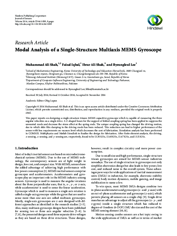 (PDF) Modal Analysis of a Single-Structure Multiaxis MEMS Gyroscope