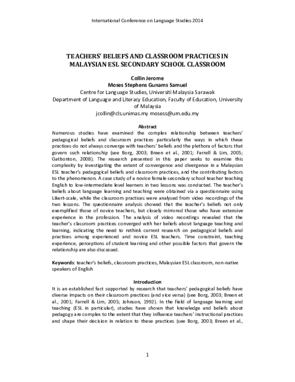 (PDF) Teachers' Beliefs and Classroom Practices in Malaysian ESL ...