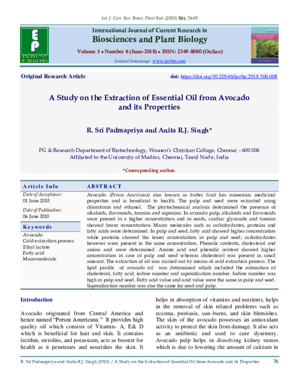 (PDF) A Study on the Extraction of Essential Oil from Avocado and its ...