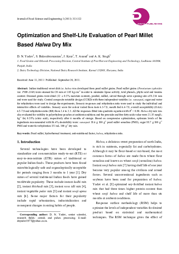 (PDF) Optimization and ShelfLife Evaluation of Pearl Millet Based