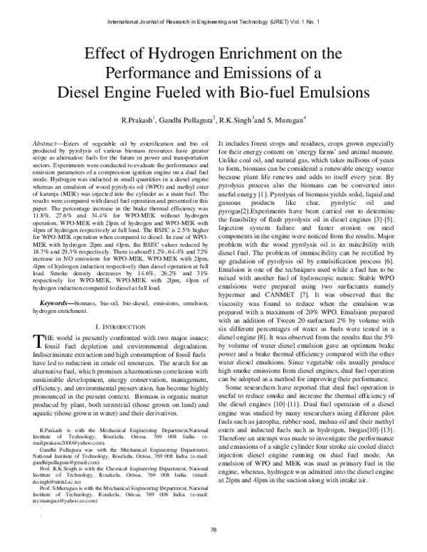 (PDF) Effect of Hydrogen Enrichment on the Performance and Emissions of ...