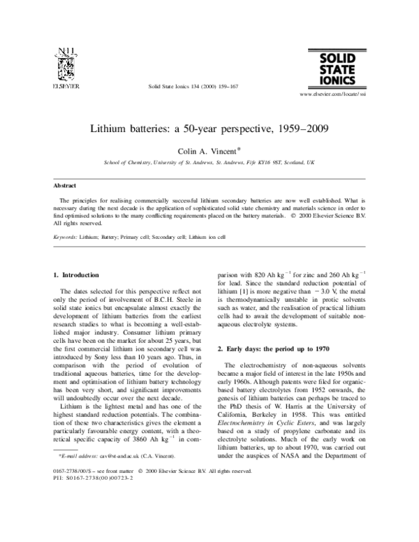 (PDF) Lithium batteries a 50year perspective, 19592009 Colin