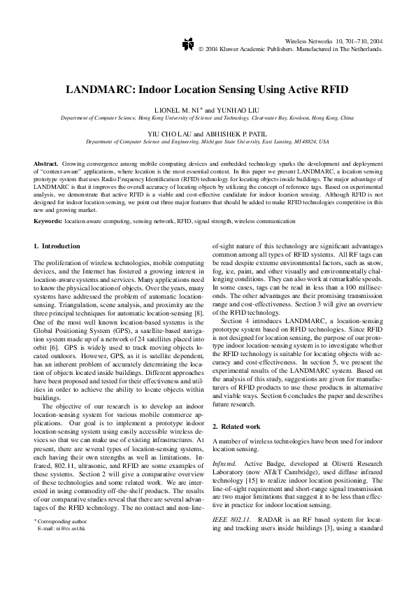 (PDF) LANDMARC: indoor location sensing using active RFID