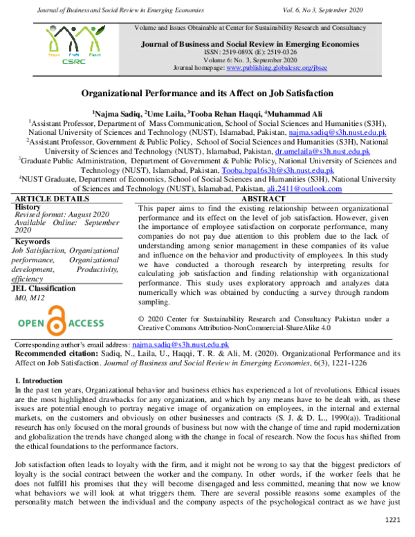 (PDF) Organizational Performance and its Affect on Job Satisfaction