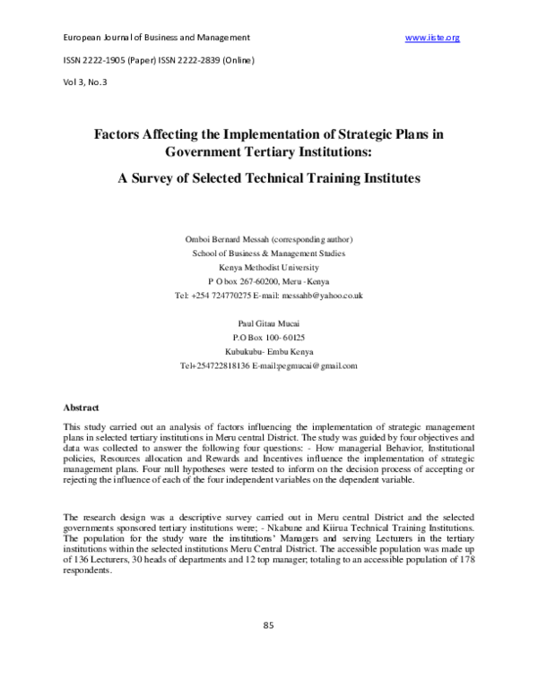 (PDF) Factors Affecting the Implementation of Strategic Plans in ...