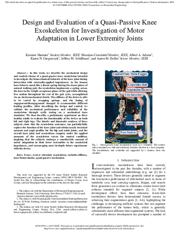 (PDF) Design and Evaluation of a Quasi-Passive Knee Exoskeleton for ...