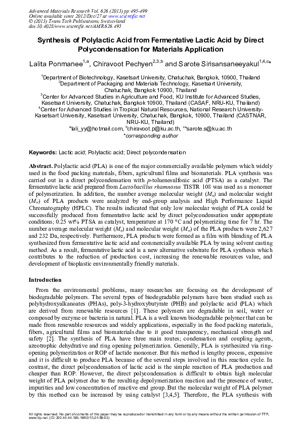 (PDF) Synthesis of Polylactic Acid from Fermentative Lactic Acid by ...