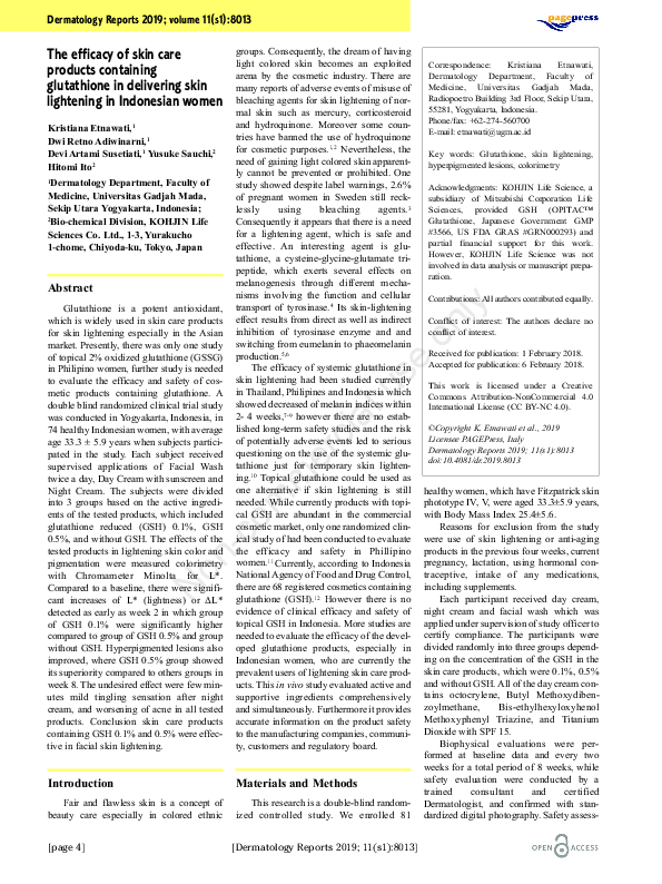 PDF) The efficacy of skin care products containing glutathione in  delivering skin lightening in Indonesian women
