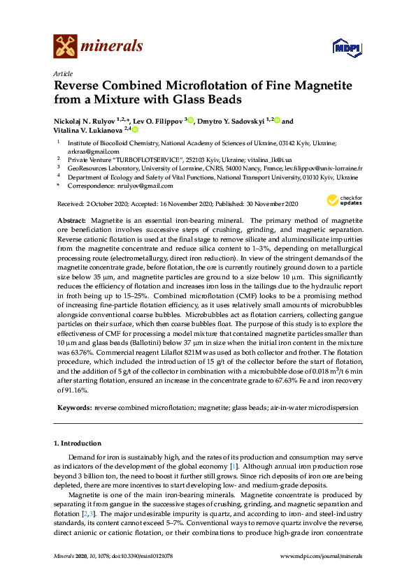 (PDF) Reverse Combined Microflotation of Fine Magnetite from a Mixture ...