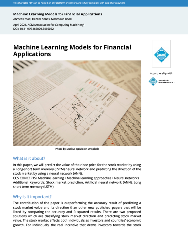 (PDF) Machine Learning Models for Financial Applications