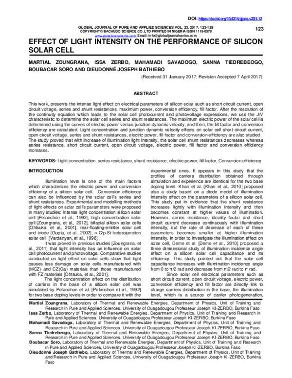 (PDF) Effect of light intensity on the performance of silicon solar cell