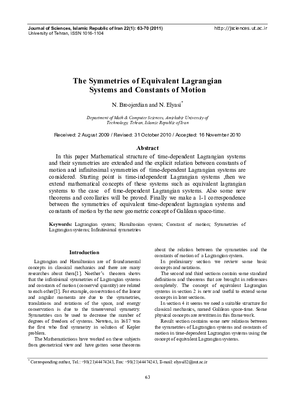 (PDF) The symmetries of Lagrangian systems and constants of motion