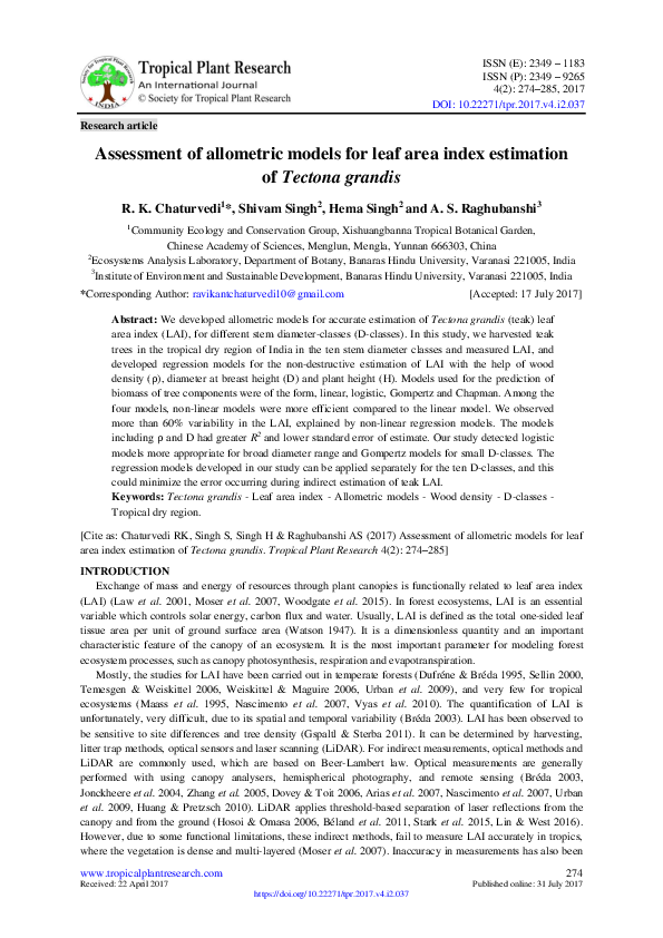 (PDF) Assessment of allometric models for leaf area index estimation of ...