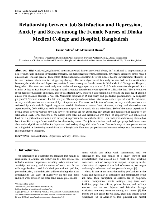 (PDF) Relationship between Job Satisfaction and Depression, Anxiety and ...
