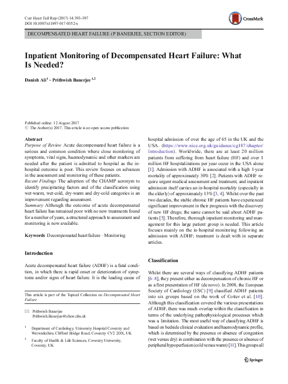 (PDF) Inpatient Monitoring of Decompensated Heart Failure: What Is Needed?