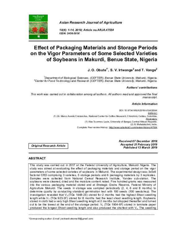 (PDF) Effect of Packaging Materials and Storage Periods on the Vigor ...