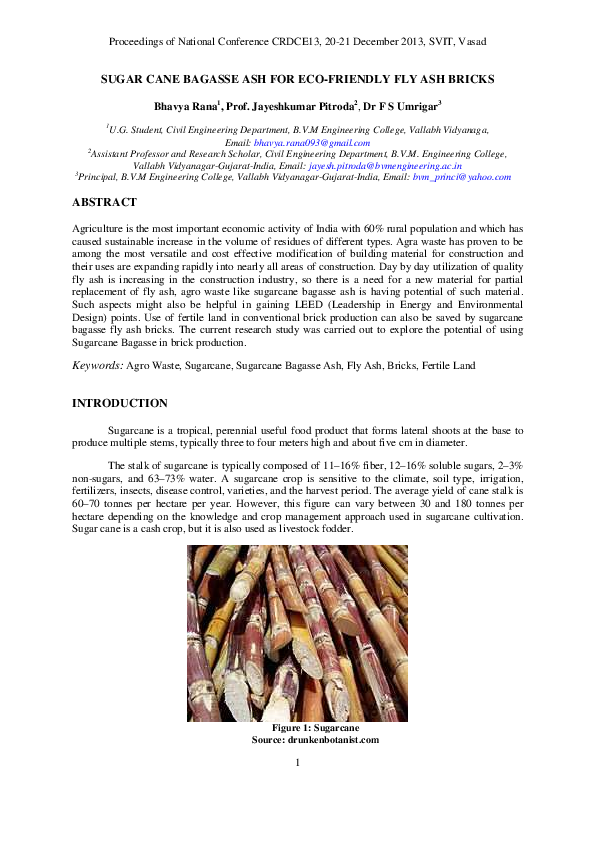 (PDF) Sugar Cane Bagasse Ash for EcoFriendly Fly Ash Bricks Prof