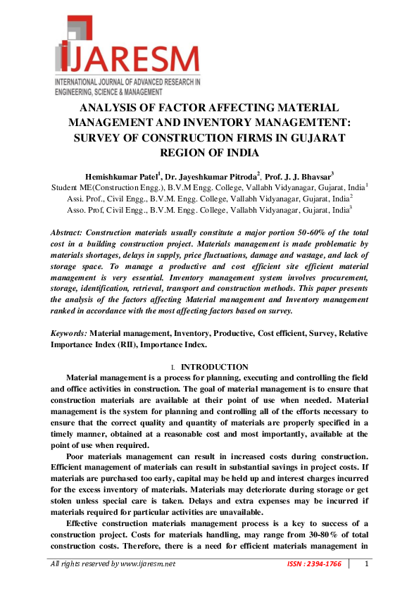 (PDF) Analysis of Factor Affecting Material Management and Inventory ...