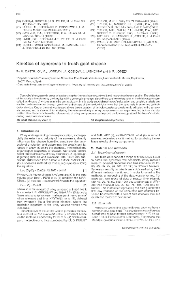 (PDF) Kinetics of syneresis in fresh goat cheese