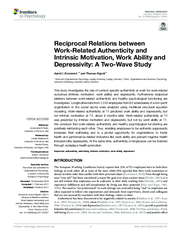 (PDF) Reciprocal Relations between Work-Related Authenticity and ...