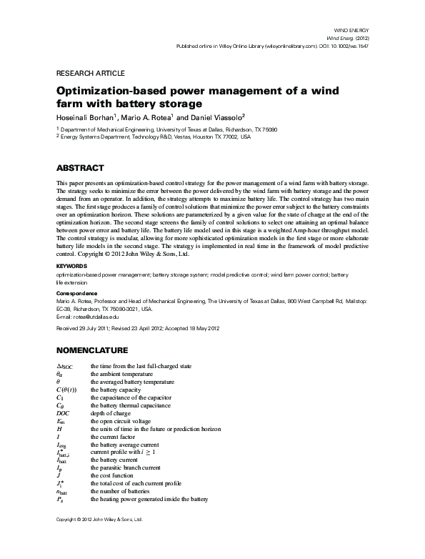 (PDF) Optimization-based power management of a wind farm with battery ...