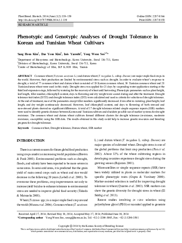 (PDF) Phenotypic and Genotypic Analyses of Drought Tolerance in Korean ...