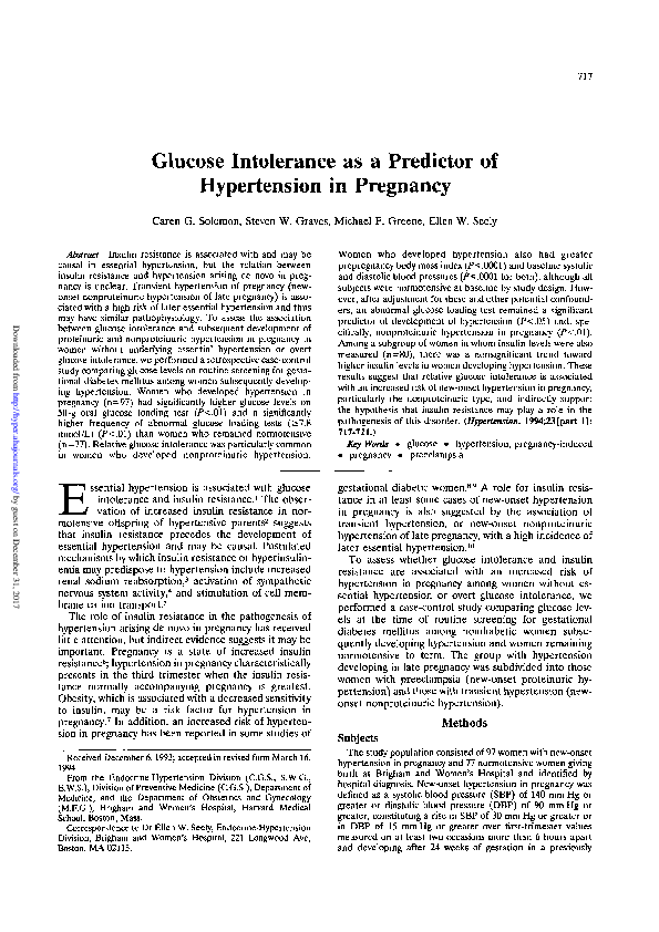 (PDF) Glucose intolerance as a predictor of hypertension in pregnancy