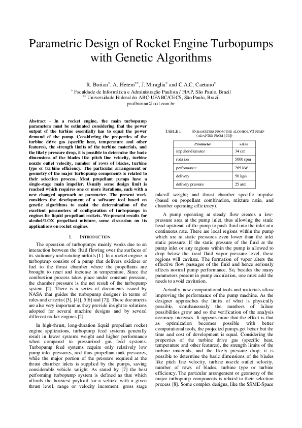 (PDF) Parametric design of rocket engine turbopumps with genetic algorithms