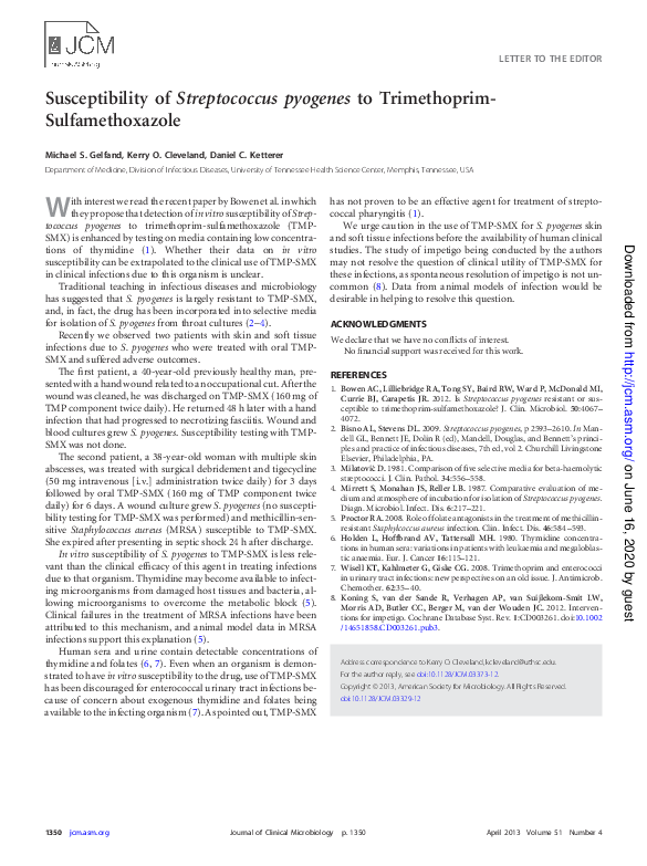 (PDF) Susceptibility of Streptococcus pyogenes to TrimethoprimSulfamethoxazole Kerry