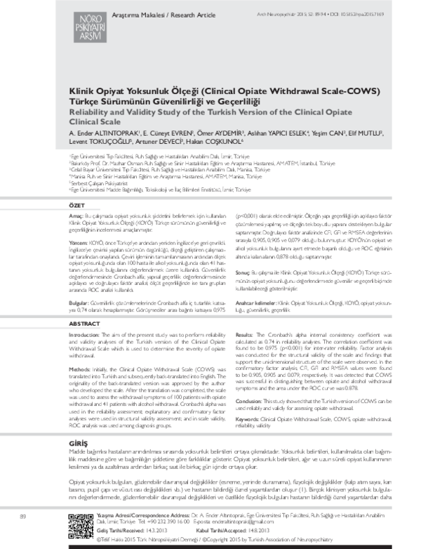 (PDF) Klinik Opiyat Yoksunluk Ölçeği (Clinical Opiate Withdrawal Scale ...