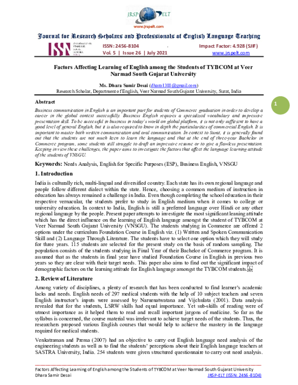 (PDF) Factors Affecting Learning of English among the Students of ...