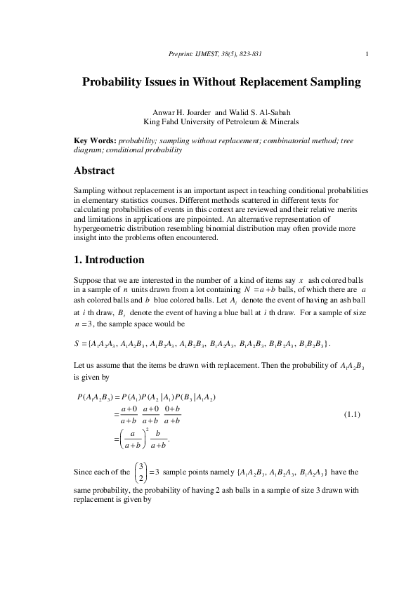 (PDF) Probability issues in without replacement sampling