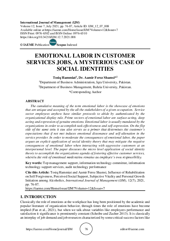 (PDF) EMOTIONAL LABOR IN CUSTOMER SERVICES JOBS, A MYSTERIOUS CASE OF ...
