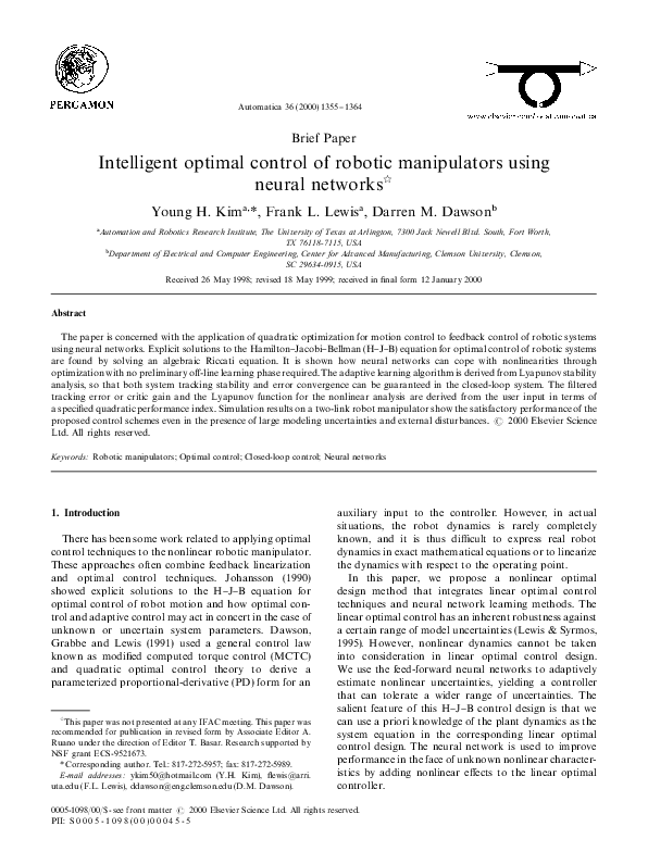 (PDF) Intelligent optimal control of robotic manipulators using neural ...
