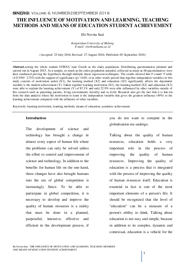 (PDF) The Influence of Motivation and Learning, Teaching Methods and ...