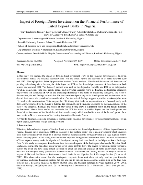 (PDF) Impact of Foreign Direct Investment on the Financial Performance ...