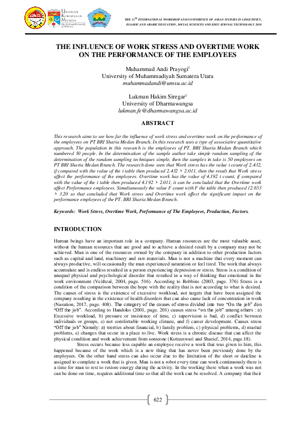 (PDF) The Influence of Work Stress and Overtime Work on the Performance ...