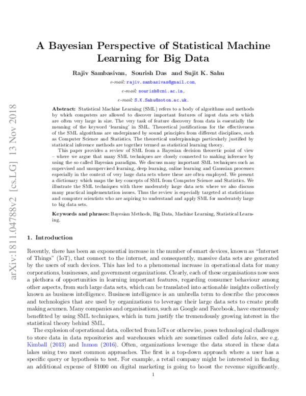 (PDF) A Bayesian perspective of statistical machine learning for big data