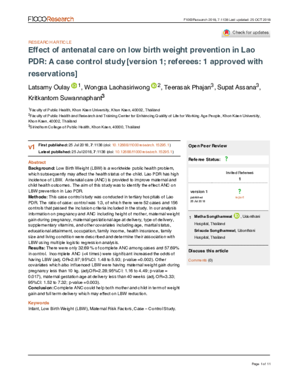 (PDF) Effect of antenatal care on low birth weight prevention in Lao ...